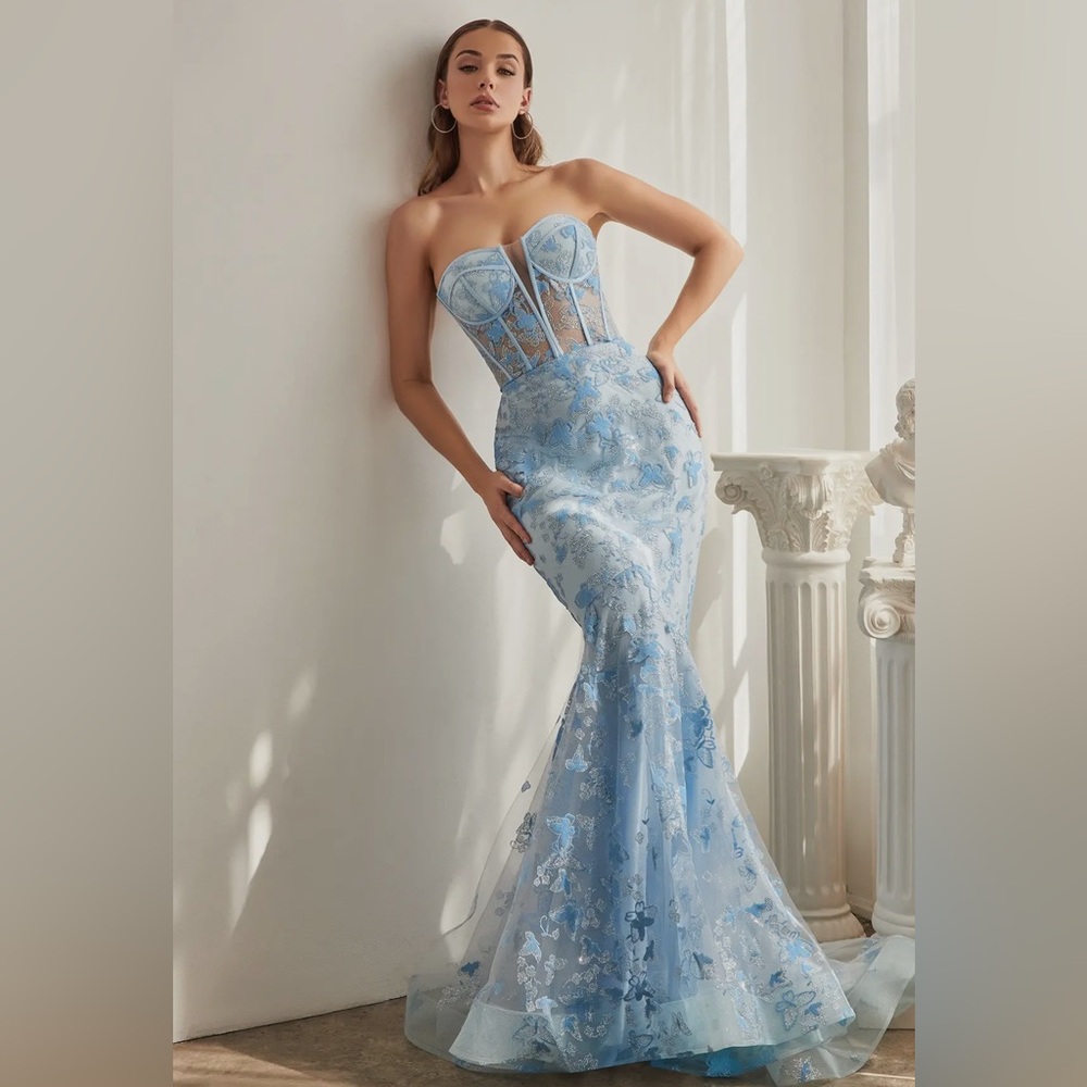Strapless Light Blue Lace Mermaid Evening Dress